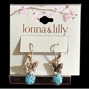 IONNA & LILLY Gold pleated Butterfly Earrings with Turquoise Stone Drops. New